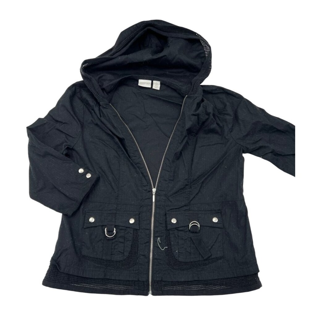 Zenergy By Chicos size 0 Small Black‎ Hooded Zip-Up Jacket 3/4 sleeves